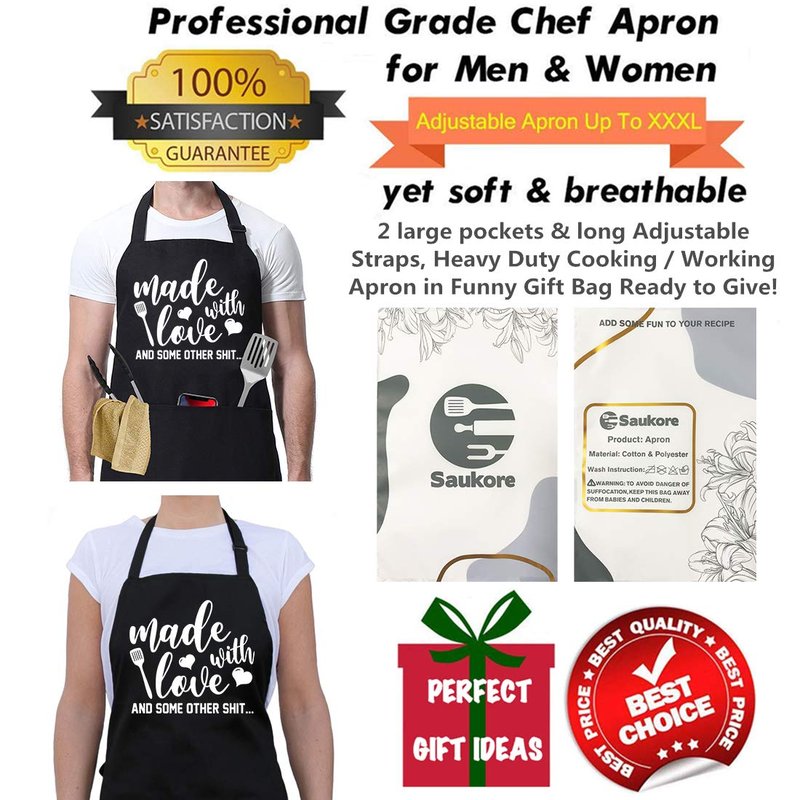 Saukore Funny Aprons for Women Men, Novelty Kitchen Cooking Apron with 2 Pockets, Cute Baking Gifts for Bakers, Birthday Mothers Day Apron Gift for Mom Wife Husband Sister Daughter Grandma
