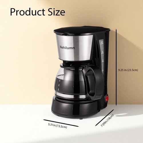 Nehilumn 4 Cups Drip Coffee Maker, Coffee Pot Machine Permanent Coffee Filter, Mini,20Oz Electric Coffee Maker,650W Black and Stainless Steel