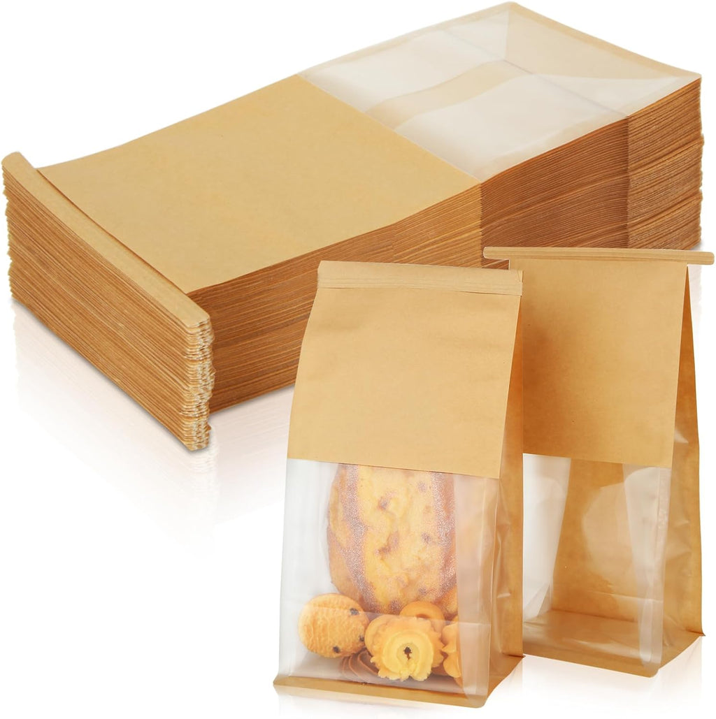 Skiennix Bakery Bags - 150PCS Brown Tin Tie Tab Lock Bags with Window | 5.1 x 4.3 x 11.2 Inch for Cookies & Gifts
