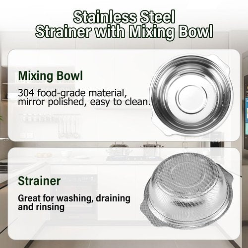 Extra Large 5.5QT Stainless Steel Colander, Large Capacity Rice Colander with Mixing Bowl, Rice Strainer for Vegetables, Fruit, Spaghetti, Pasta Strainer, Dishwasher Safe(2PC)