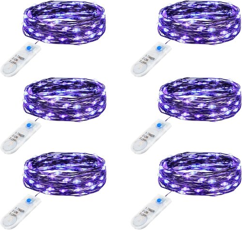 Minetom 6 Pack Purple Fairy Lights - 7ft Battery Operated Waterproof LED String Lights for Halloween Decor