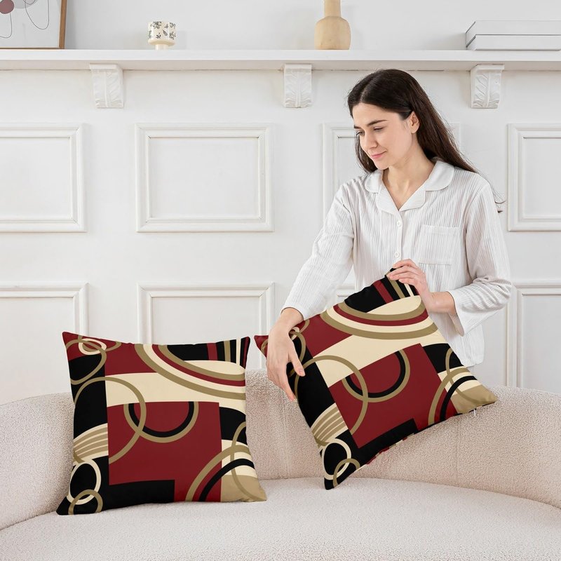 Feelyou Geometric Throw Pillow Covers 20"x20" Set of 2 Geometric Brown Black Red Pillow Cases Cushion Covers for Living Room Bedroom Stripe Line Decor Throw Pillowcases for Sofa Couch Chair