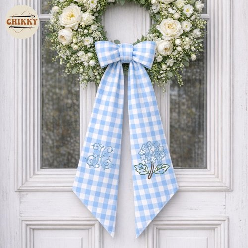 Monogram Wreath Sash Bow - Adjustable Farmhouse Door Decor | Embroidered Hydrangea Design