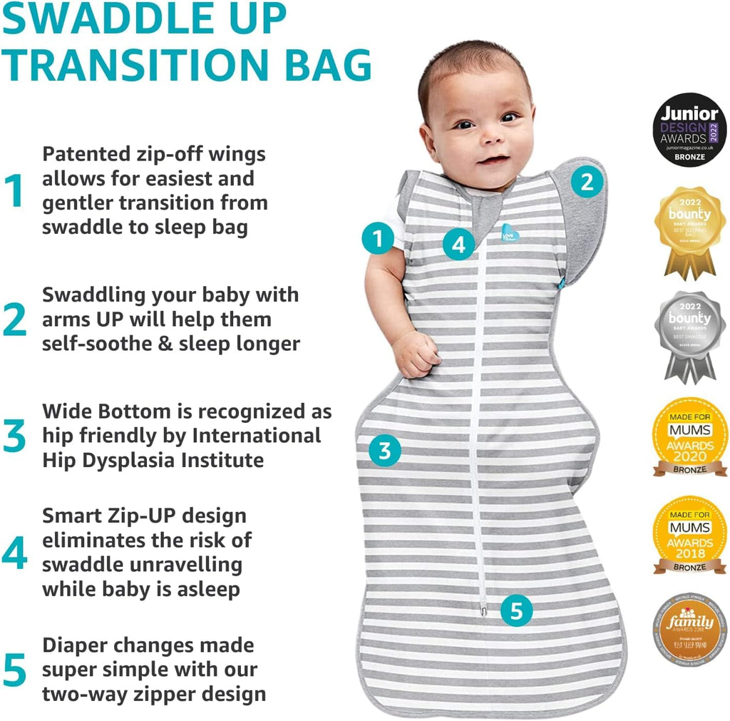 Love to Dream Swaddle Up Transition Swaddle, Patented Zip-Off Wings, Gently Help Baby Transition from Being Swaddled to Arms Free When Showing Signs of Rolling, 1.0 TOG, 13-19 lbs, Gray