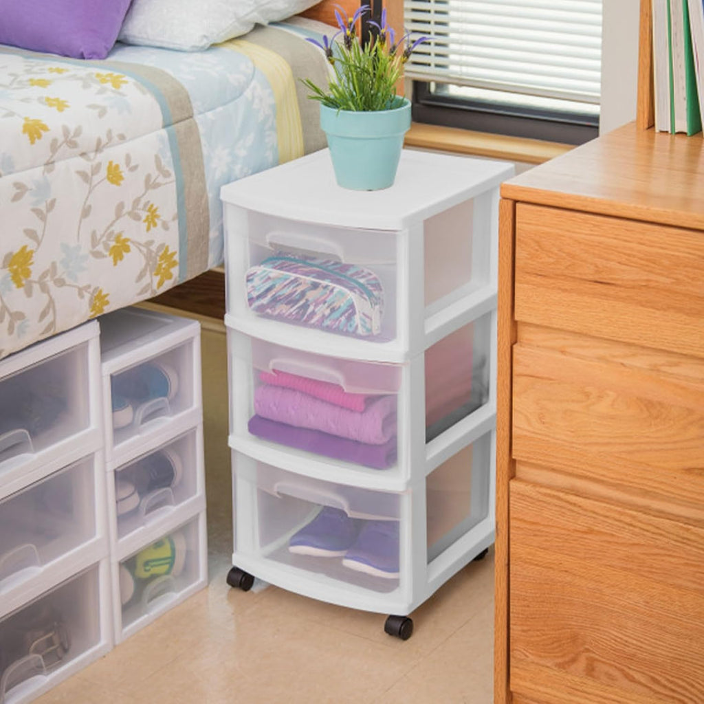 Sterilite 3-Drawer Rolling Storage Organizer - Versatile Plastic Bin Cart for Closet Organization | White