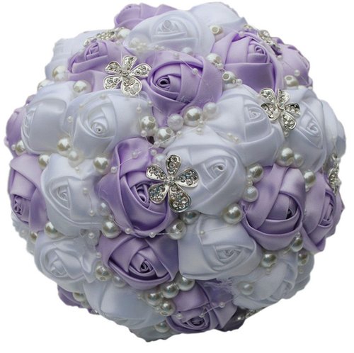 S_SSOY Wedding Bouquet Bride Bridal Brooch Bouquets Bridesmaid Bouquet Diamond Pearl Ribbon Valentine's Day Confession Party Church with Free Corsage Flower, Purple+White