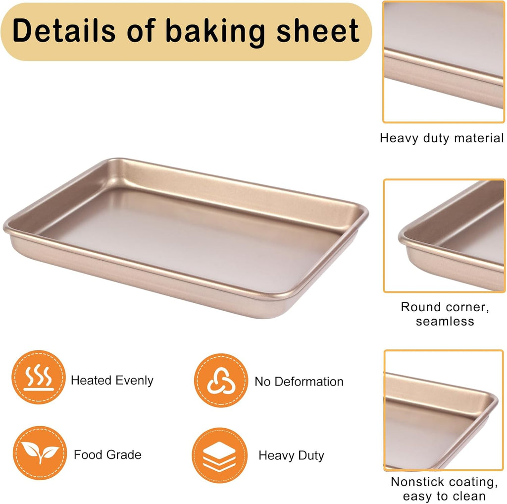 Small Cookie Sheet Pan - Nonstick Baking Tray 2-Pack | 9x11 Inch Heavy Duty Carbon Steel, Gold - Oven Safe & Easy Clean