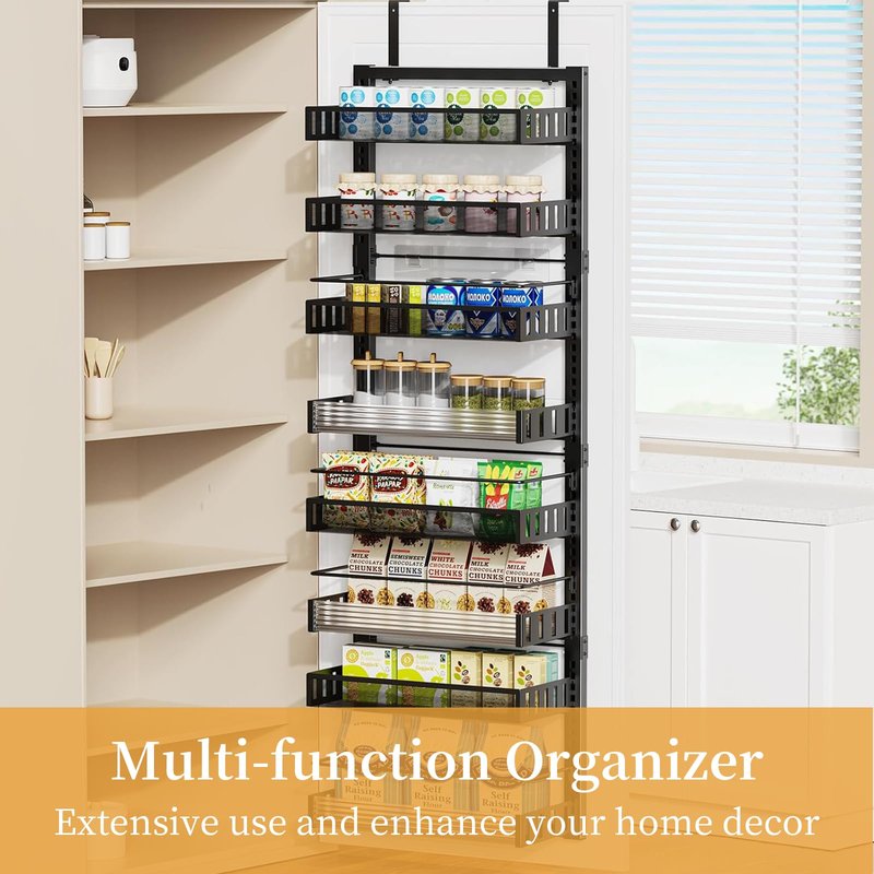 VIESOGEZ 6-story door mounted cutlery storage rack, large metal door seasoning rack with adjustable basket, 2-in-1 wall mounted kitchen cutlery storage rack, black