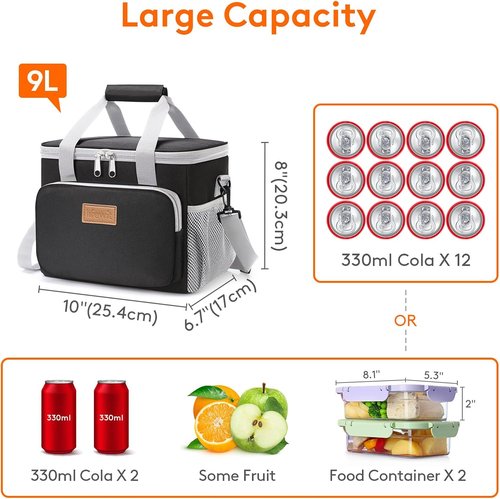 Lifewit Insulated Lunch Bag - Soft Cooler Tote for Adults | Gray & Black, 12-Can Capacity (9L)