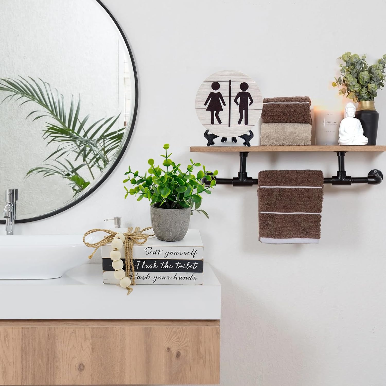 Skiennix Bathroom Shelf Decor - Funny Wooden Signs with Fake Plants | 3D Round Design for Guest Restrooms