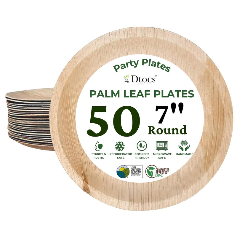 Dtocs Palm Leaf Plates 7 Inch Round (50) | Bamboo Plates Disposable Look Compostable Dinnerware Sets for Cocktail, Appetizer, Dessert, Mini Charcuterie Boards | Alternate to Wooden, Paper, Plastic