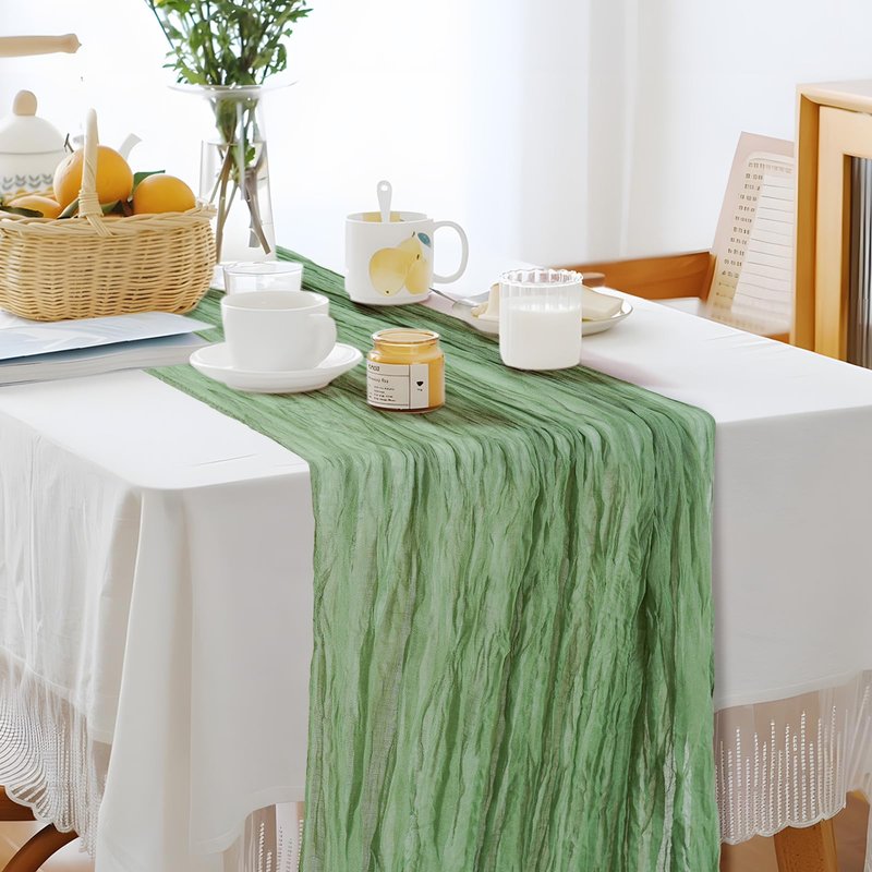 Eternal Beauty 6 Pack Sage Green Cheesecloth Table Runners - 35x120 in - 10FT Gauze Fabric Boho Table Decor - Rustic Sheer Wedding Runner for Baby Shower, Birthday Party & Special Events