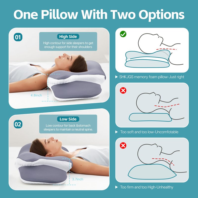 SHKJGS Cervical Neck Pillow for Neck Pain Relief & Support - Cooling Ergonomic Memory Foam Pillow with Dual-Height Contour & Ice Silk Cover for Side, Back, Stomach Sleepers,Grey
