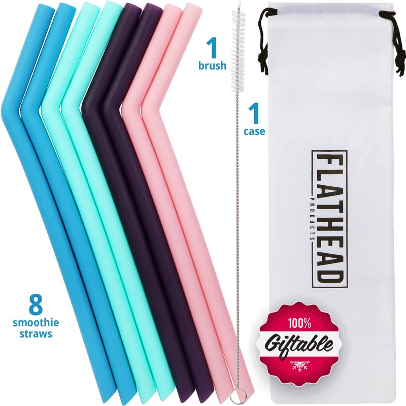 Premium Bent Silicone Reusable Straws, Set of 10 with Cleaning Brush - Flexible, Long, Colorful, Bendy Reusable Straws for 20oz to 32oz Tumblers and Smoothie Cups - Dishwasher Safe and Easy to Clean