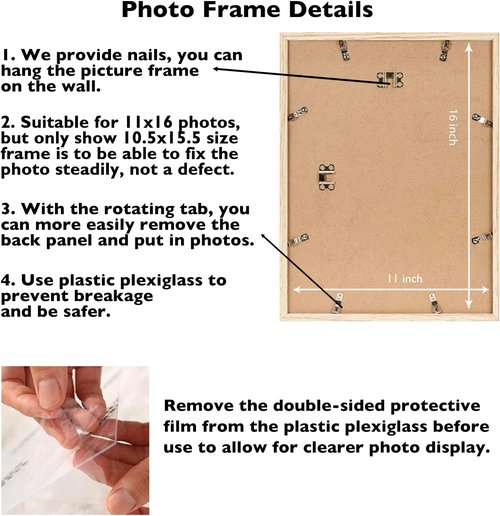 JCJMY 11x16 Picture Frame - Versatile Wall Mounting for Horizontal or Vertical Display | Shatter-Resistant Plexiglass, Natural Finish
