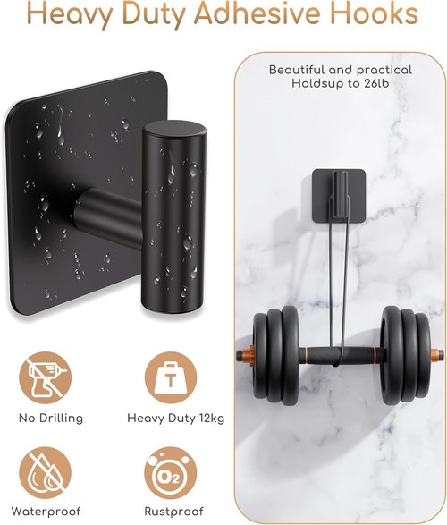 Aikzik Heavy Duty Wall Hooks - 26lb Max Stainless Steel Adhesive Towel & Coat Hooks | Matte Black, 4 Pack