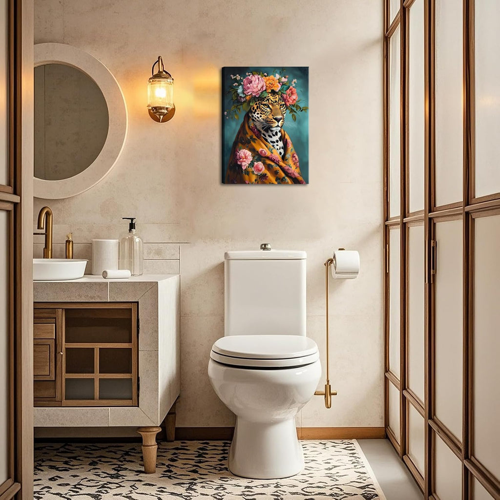 Regine Switzerland Funny Leopard Bathroom Wall Art Set - Eclectic Animal Canvas Prints | 12x16 Inch Framed Decor