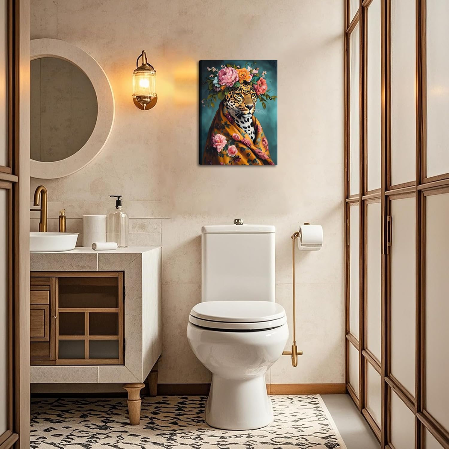 Regine Switzerland Funny Leopard Bathroom Wall Art Set - Eclectic Animal Canvas Prints | 12x16 Inch Framed Decor