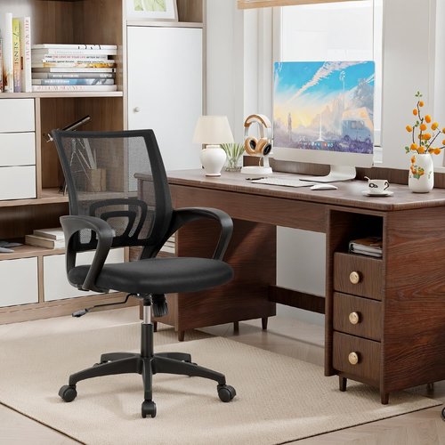 BestOffice Ergonomic Office Chair - Mid-Back Swivel Design with Breathable Backrest & Lumbar Support | Adjustable Height & Rolling Wheels | Dark Black for Adults & Women