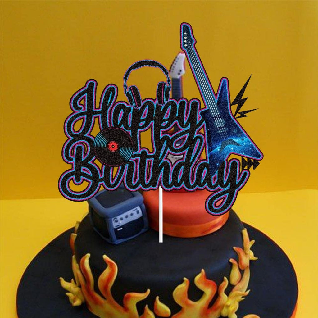 Skiennix Electric Guitar Cake Topper - Black & Purple Glitter Rock Music Theme for Birthday Parties
