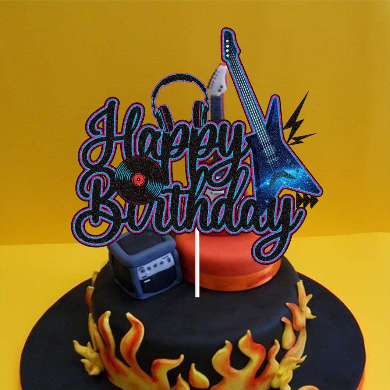Skiennix Electric Guitar Cake Topper - Black & Purple Glitter Rock Music Theme for Birthday Parties