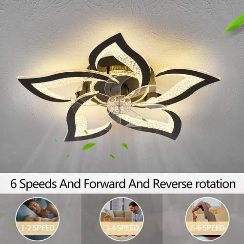haodengshi 27" Black Geometric Ceiling Fan Lights with Remote, 6 Speeds Adjustable Low Profile Flush Mount Ceiling Fan with Light for Kitchen Bedroom