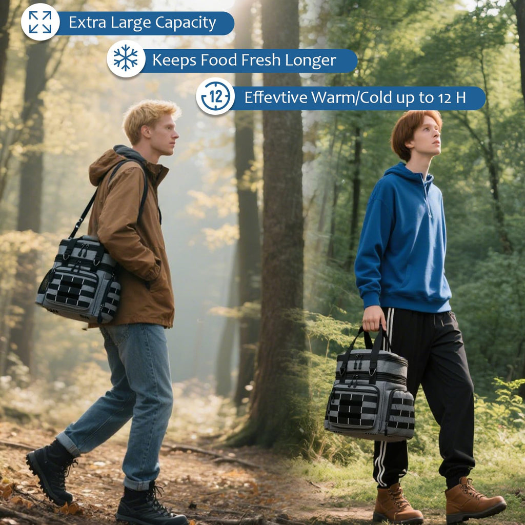 BISKLNDN Tactical Lunch Box for Men - Large Expandable Insulated Lunch Bag Cooler Bag, Soft Mens Lunchbox for Work, Camping, Beach, Picnic, Hiking & Outdoor Shifts, 16L, Black+Gray