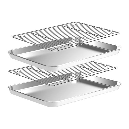 CEKEE Baking Sheet and Cooling Rack Set (2 Baking Pans + 2 Baking Racks), Stainless Steel Cookie Sheet Baking Pan Tray for Toaster Oven, Non Toxic & Heavy Duty & Easy Clean, Size 16 x 12 x 1 Inches