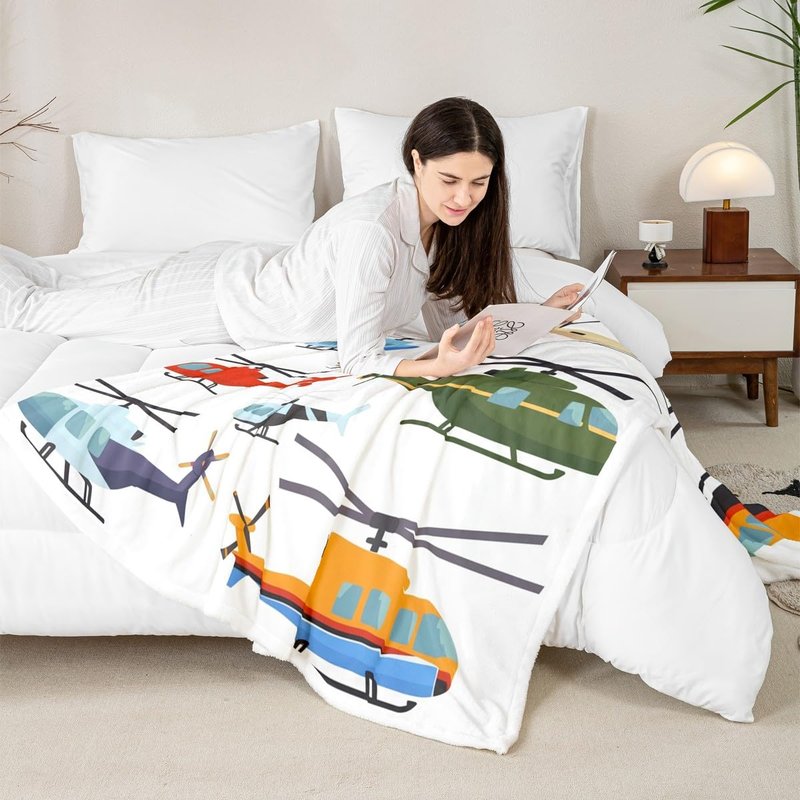 Airplane Sherpa Blanket Throw 50"x60" Aircraft Helicopter Blanket Throw For Kids Boys Teens Young Man Cartoon Airplanes Fleece Blanket Aviation Theme Fuzzy Blanket Bedroom Sofa Decor White