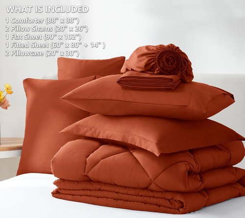 CozyLux Queen Comforter Set - Luxury Soft 7-Piece Bed in a Bag in Burnt Orange | All-Season Bedding with Down Alternative Comforter, Sheets & Pillowcases