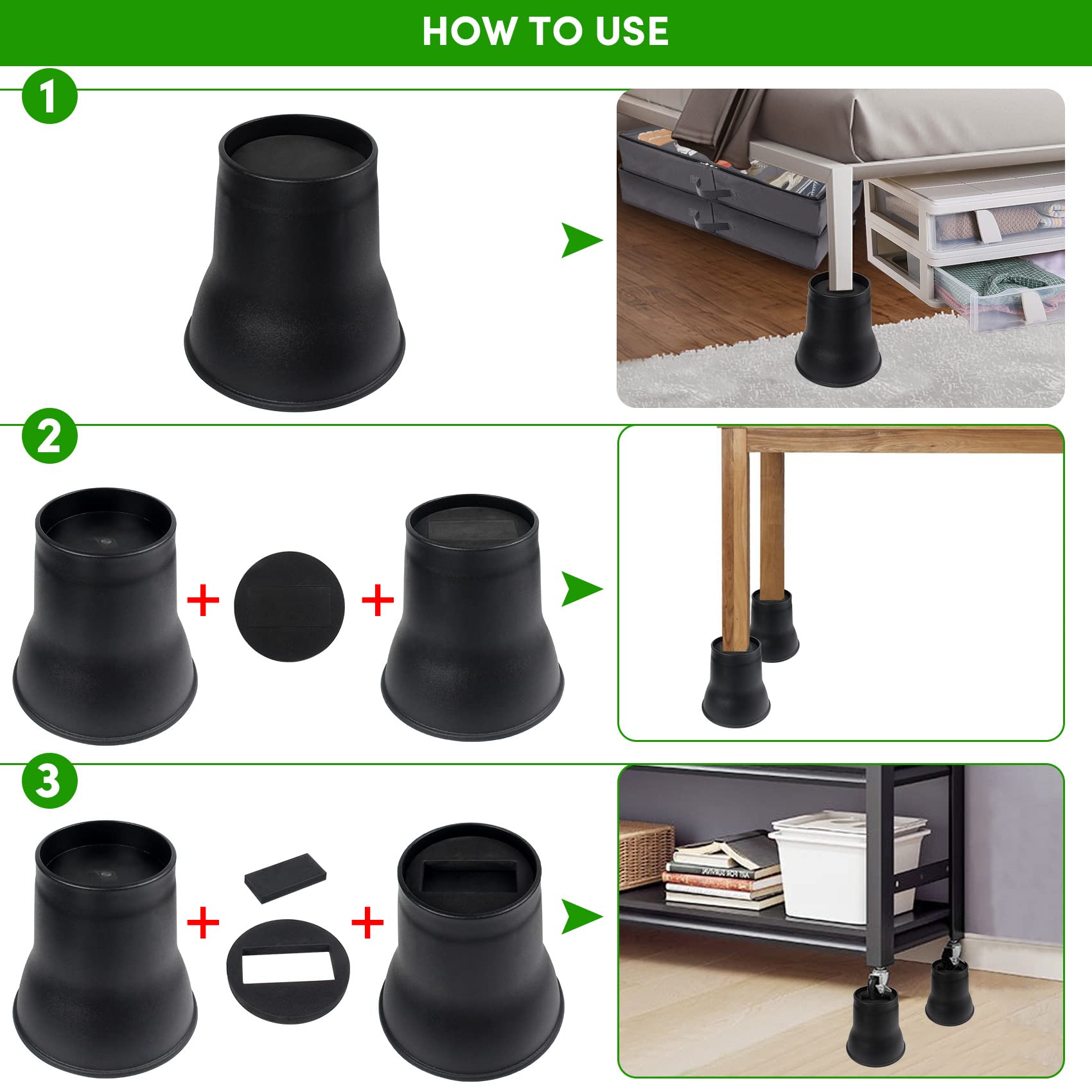 DEDU Bed Risers 6 Inch Heavy Duty 9 Pack, Furniture Risers with Caster Pads Supports Up to 6600 Lbs, Round Couch Risers for Sofas, Couch, Desk or Chair (Black)