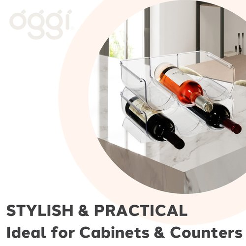 Oggi Bottle Rack for Wine, 6 Bottle Wine Storage - Stackable Wine Rack, Secure Stack Tabs. Water Bottle Storage, Wine Bottle Holder for Kitchen, Cabinet, Fridge - Each Rack Holds 3 Bottles, 2 Pack