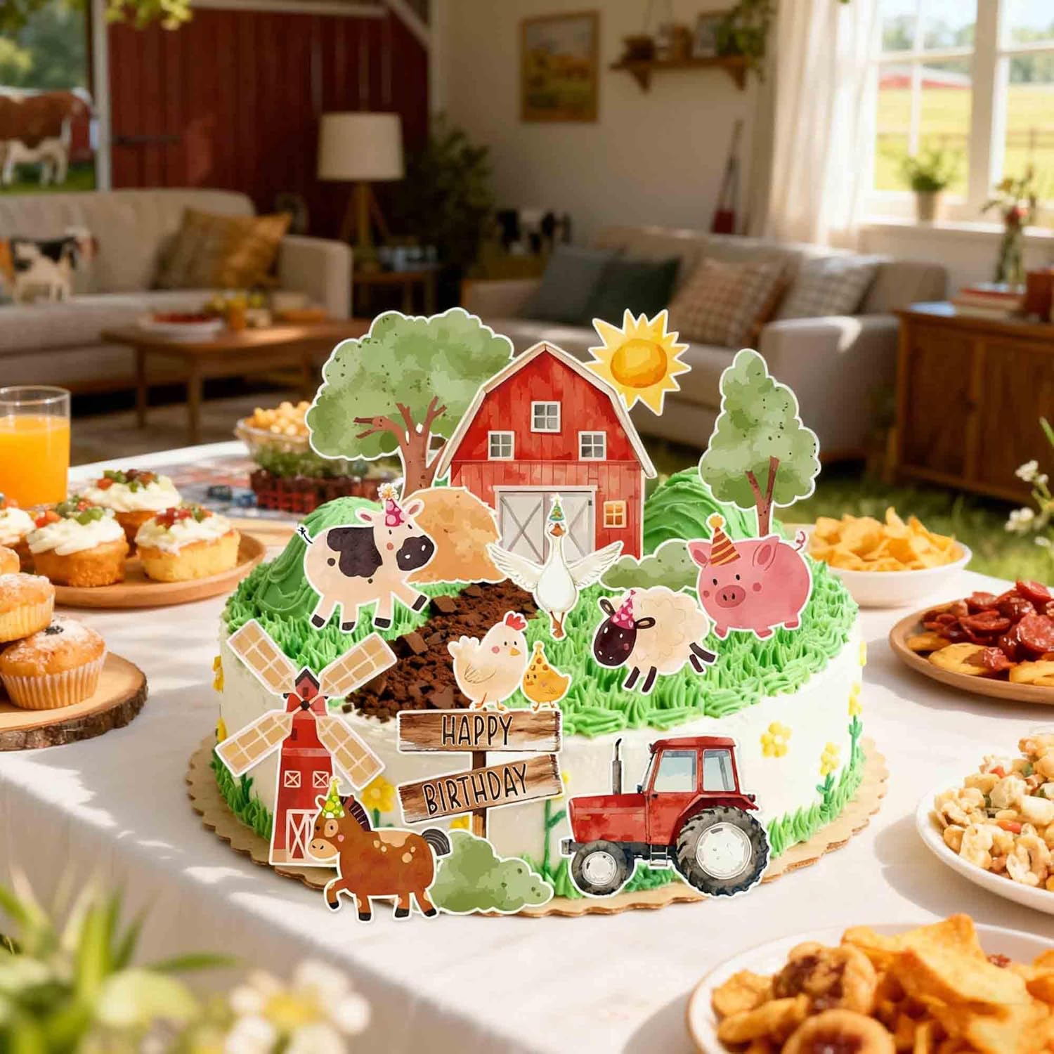 Skiennix 16PCS Farm Animal Birthday Cake Decorations - Fun Party Toppers with Barn, Tractor & Animals