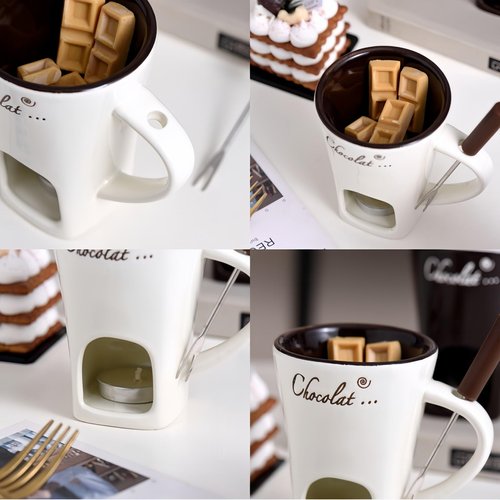Sweet Fondue Cup,Chocolate Melting Fondue Mugs Set,Chocolate Melting Pot,Fondue Cups With Forks For Date Night Birthday Wedding Gifts (Brown)