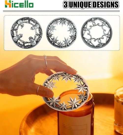Holiday Candle Toppers by [Brand Name] - Set of 3 Silver Metal Lids with Star, Heart & Snowman Designs | Fits 80mm Jars