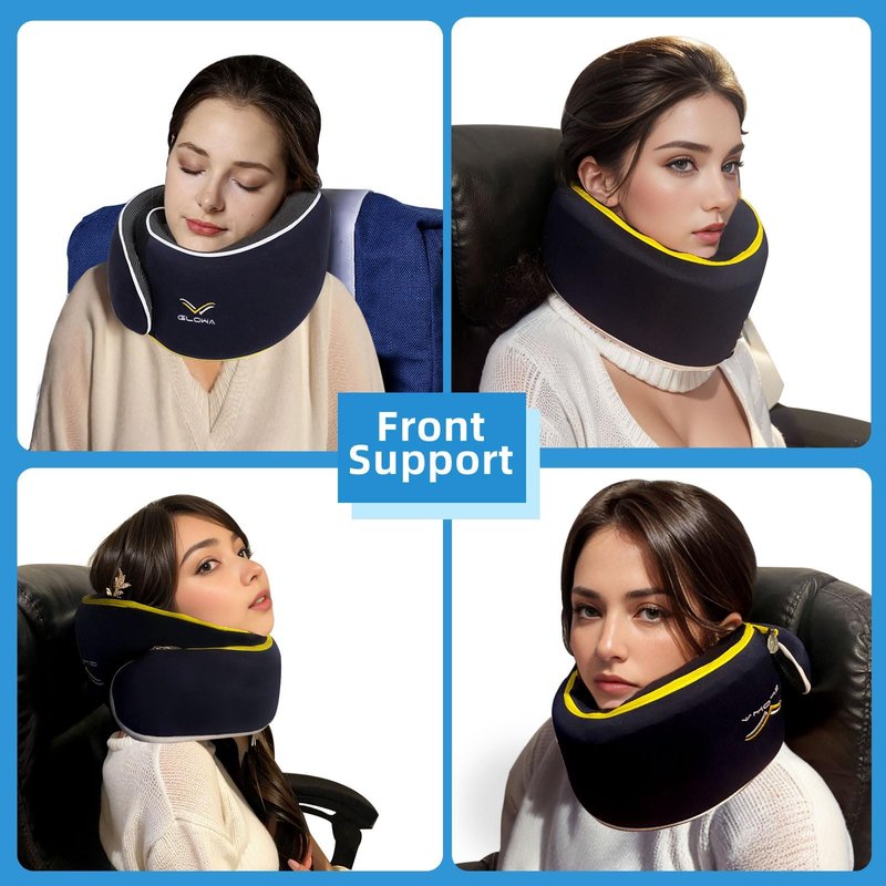 Glowa 2.0 Travel Neck Pillow, Ergonomic Chin Support for Airplane & Car, Breathable & Washable Cover, Lightweight Compact for Travel。(Navy Blue)