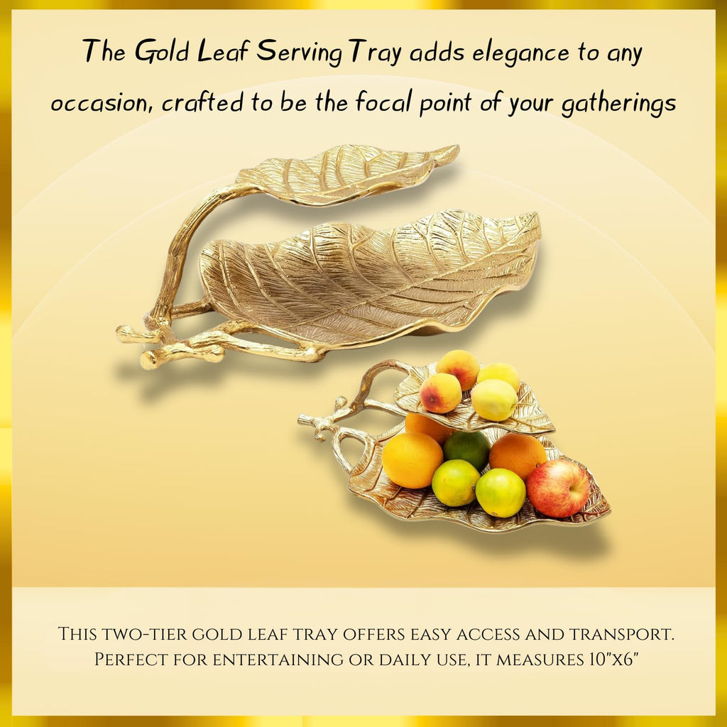 GUTE Large Decorative Gold Leaf 2 Tier Serving Centerpiece Tray for Fruits, Appetizers, Meat, Fish, Cakes Hors D'vour, Fruit Catch All Golden Leaves Vine, Stainless Brass, Home Decor 18" Long -