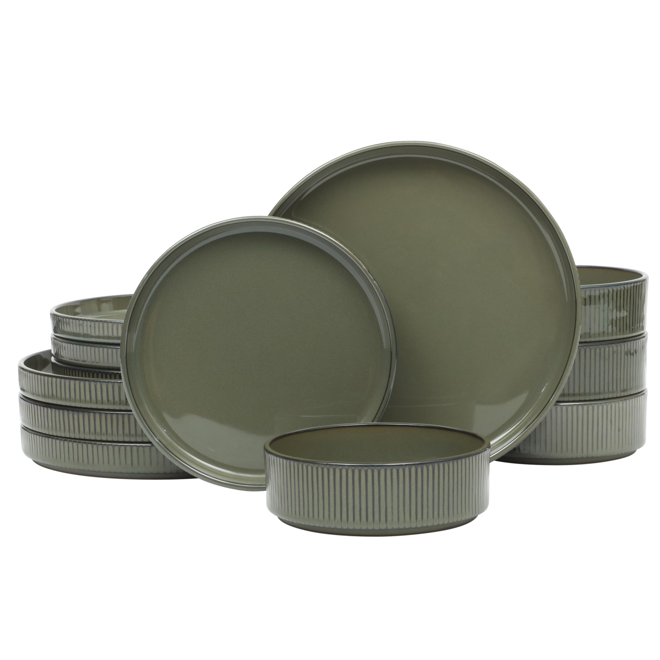 Gibson Elite 12 Piece (Service for 4) Townscape Plates and Bowls Reactive Glaze Embossed Round Dishes Terracotta Ceramic Dinnerware Set - Dark Green
