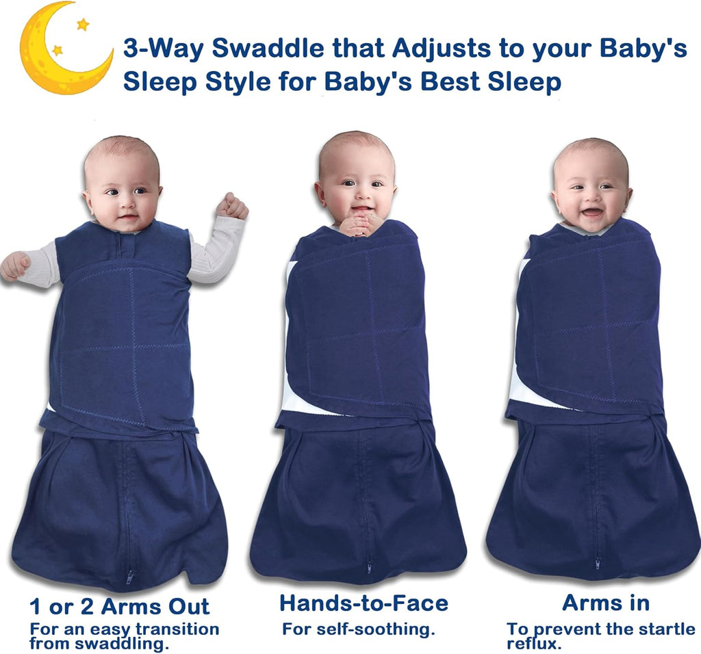 Skiennix Baby Sleep Sack Swaddle - 3-Way Adjustable Organic Cotton Blanket | 2 Pack, 3-6 Months, 12-18 lbs, 1.0 TOG (Cyan & Navy Blue)