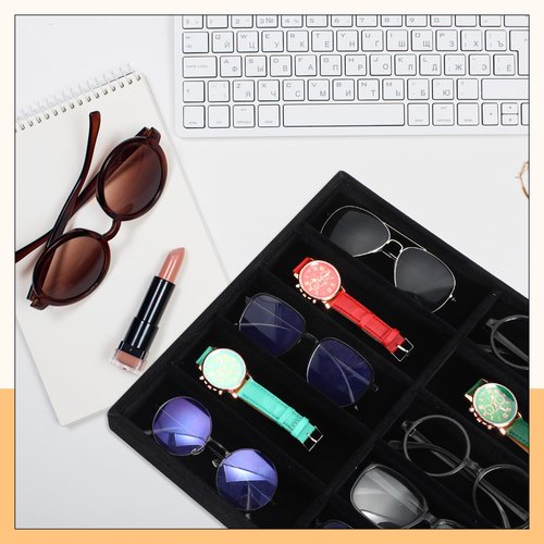 Batiyeer Sunglasses Organizer Storage Tray 10 Grids Eyewear Watch Holder Display Stackable Ice Velvet Tray Women(Black,4 Pcs)