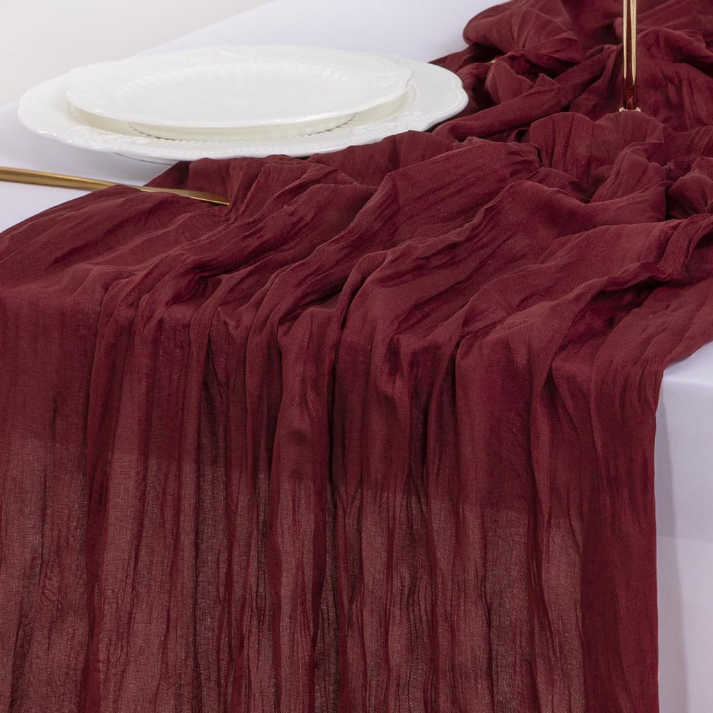 **Socomi Burgundy Red Cheesecloth Table Runner - 120 Inch Boho Rustic Sheer Decor for Weddings & Events**