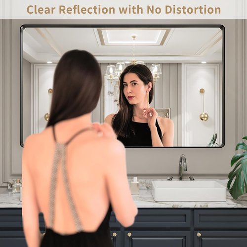 LOAAO Black Metal Framed Bathroom Mirror - Large 60x36 Inch Rounded Rectangle | Anti-Rust Tempered Glass, Versatile Hanging Options