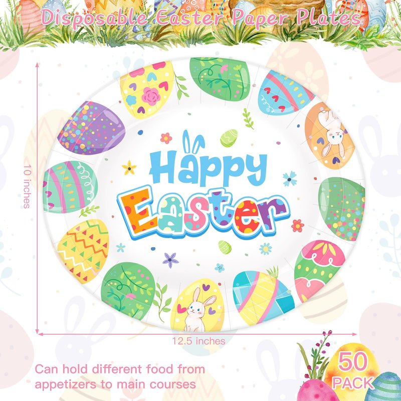 50 Count Easter Plates Heavy Duty, Large Disposable Easter Oval Paper Plates, 10" X 12.5" Happy Easter Platters Dinner Party Plate Pastel Eggs Dinnerware Tableware Spring Holiday Party Supplies