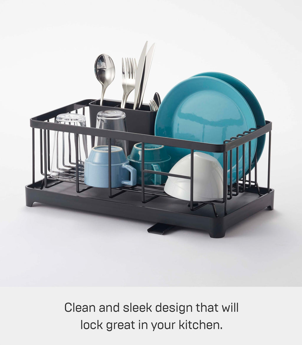 YAMAZAKI Home Tower Wire Dish Drainer Rack with Removable Drainer Tray with Drainage Spout, Utensils Holder - Steel -