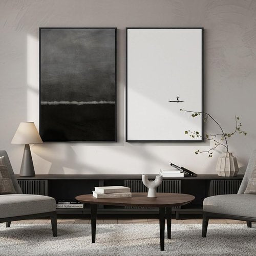 Framed Black and White Abstract Wall Art | Large Set of 2 Minimalist Canvas Prints 24x36 In