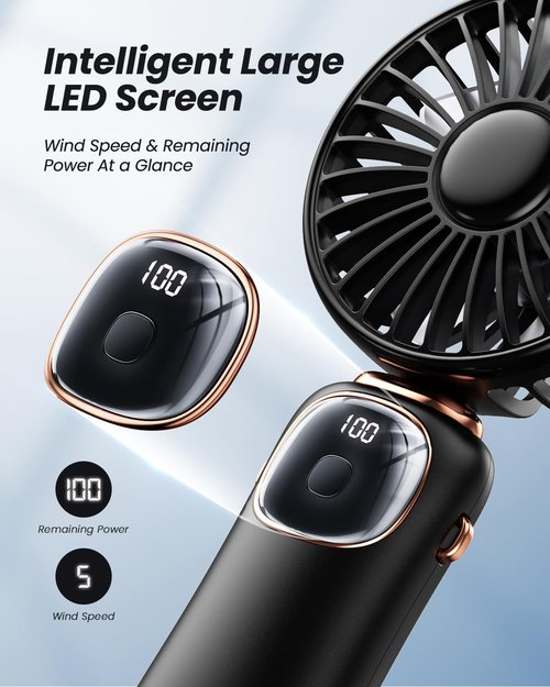 coldSky Portable Handheld Fan - 4000mAh Battery Operated 3-in-1 Travel Fan | 90° Foldable Desk Fan (Black)