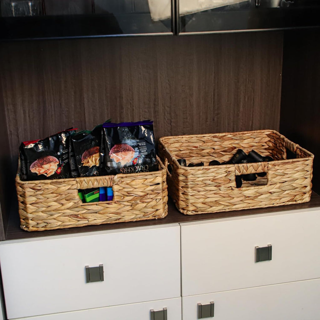 Water Hyacinth Storage Baskets by Rectangular | Woven Wicker Baskets for Shelves - 15.2” L x 12” W x 4.7” H