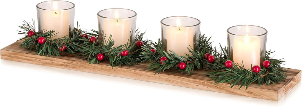 Romadedi Christmas Candle Holder - Rustic 4 Tealight Holders with Mini Wreaths | 16.5-Inch Wooden Tray for Holiday Table Decor