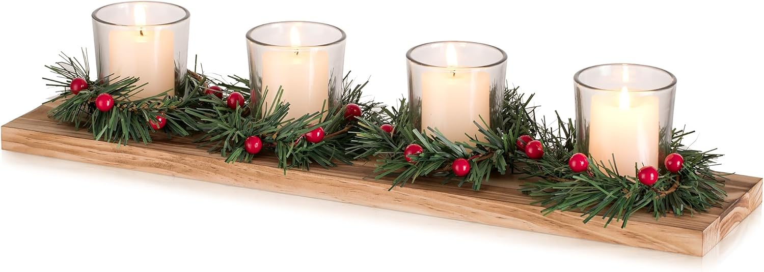 Romadedi Christmas Candle Holder - Rustic 4 Tealight Holders with Mini Wreaths | 16.5-Inch Wooden Tray for Holiday Table Decor
