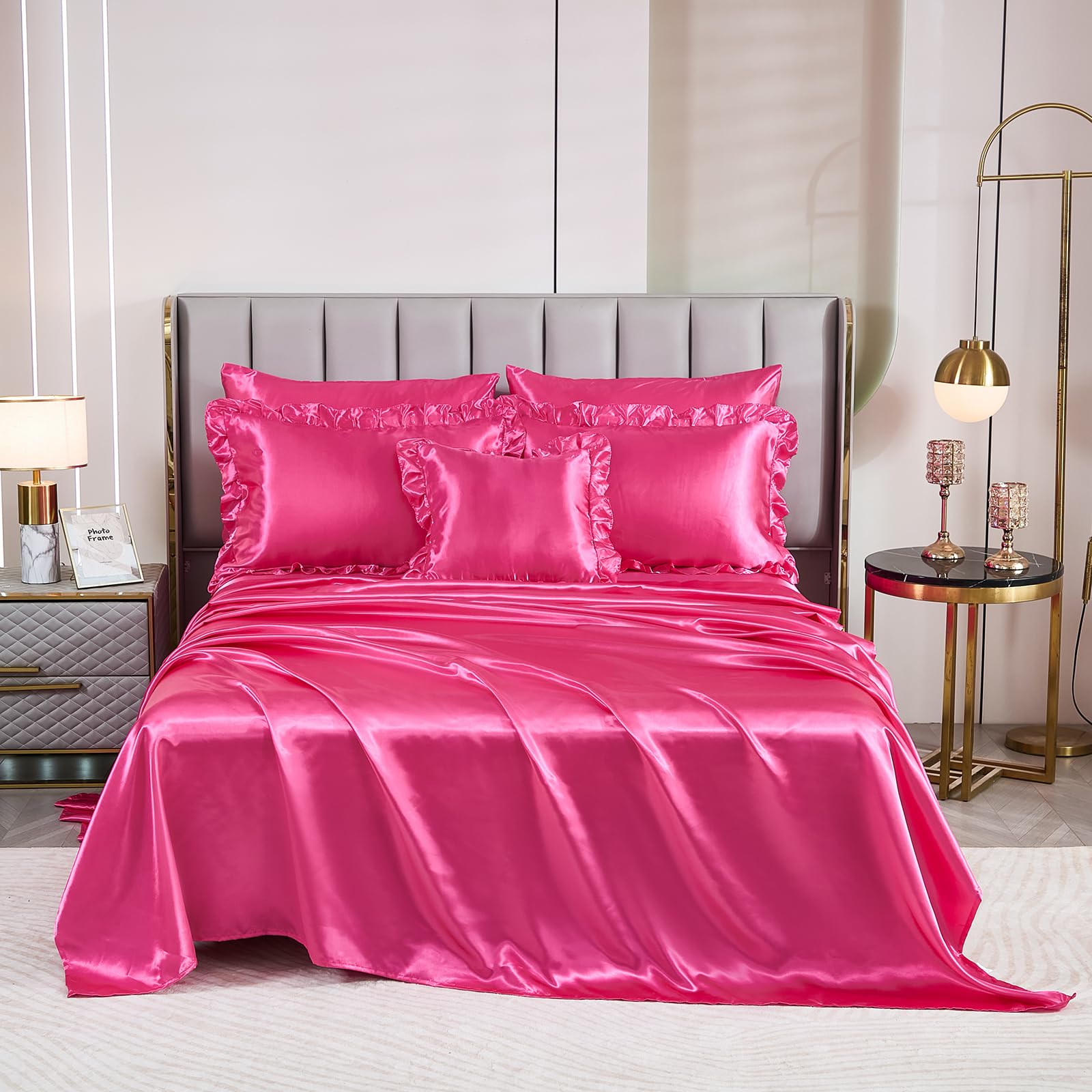 Satin Comforter Set with Sheets,Queen Bed Set,Hot Pink Comforter Set,Bed Room Decor Aesthetic,Silk Like Satin Bedding,8-Piece Ruffle Comforter Bed in a Bag Set, Pink Aesthetic Bedding Set